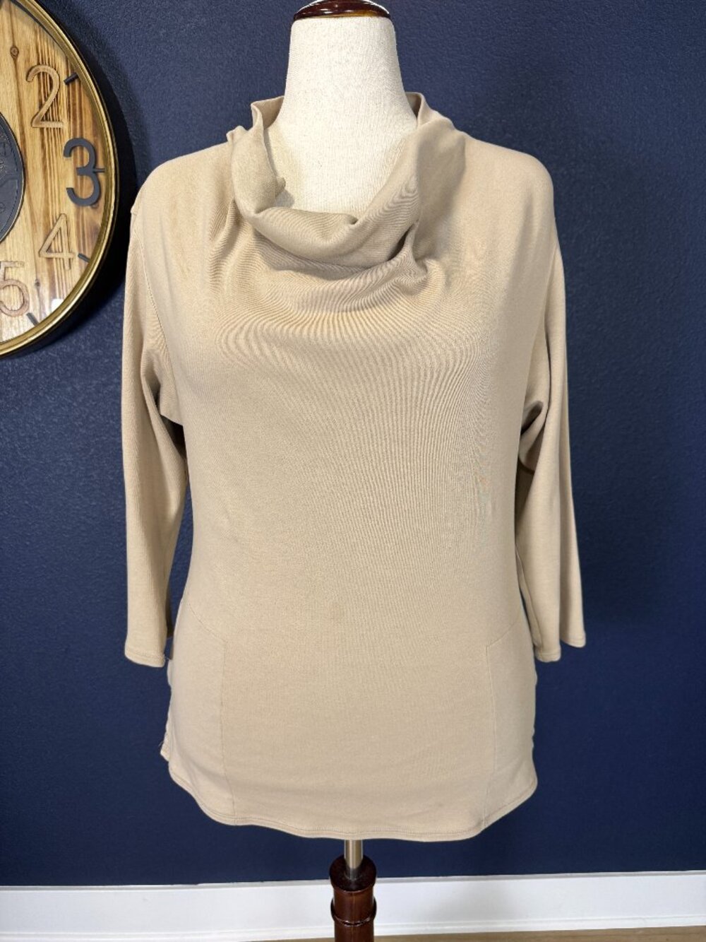 Natori Beige Cotton Cowl Neck Pocket Top | M